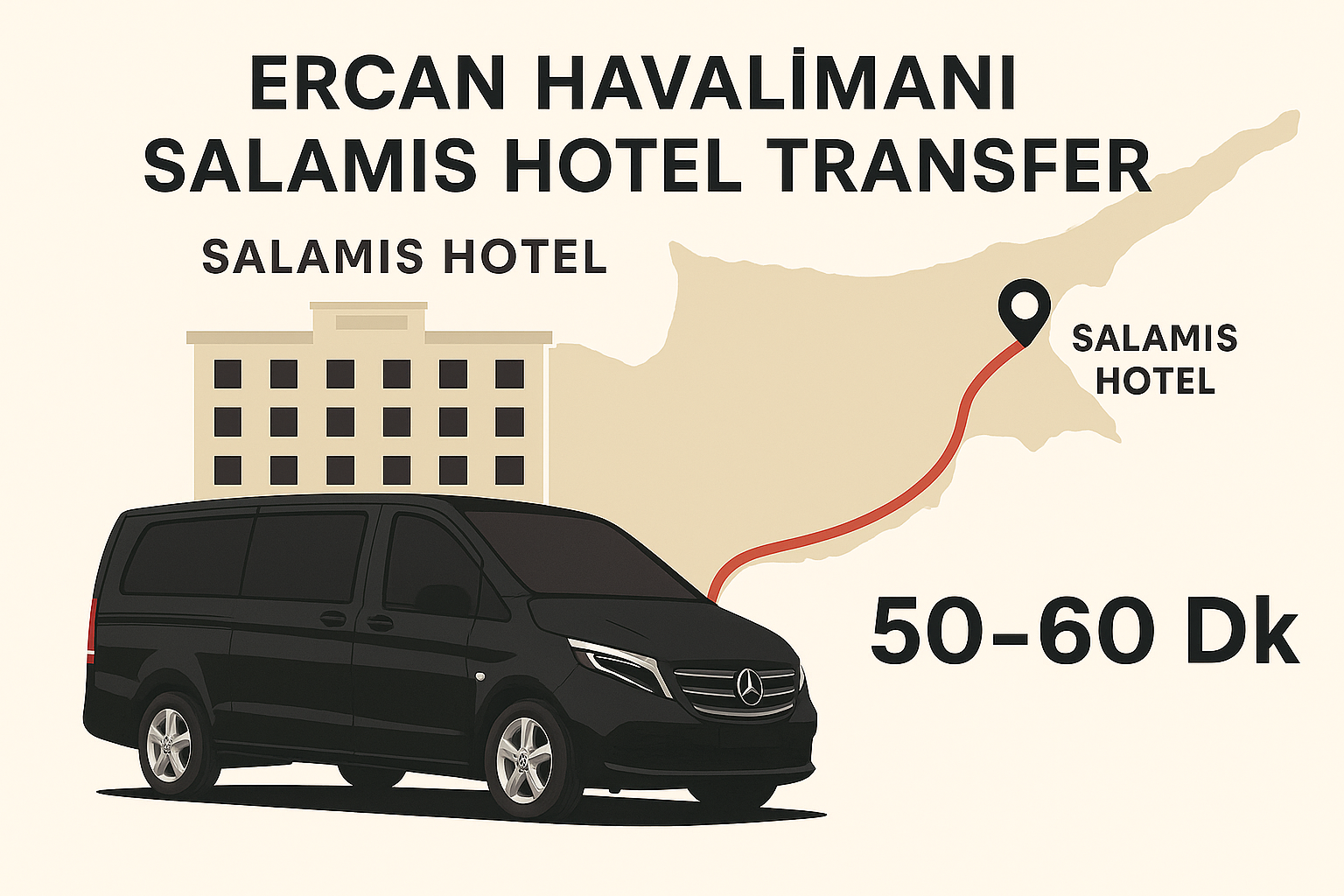 Ercan Havalimanı Salamis Hotel transfer güzergah haritası ve Mercedes Vito aracı, 50-60 dakikalık transfer süresi bilgisiyle Kıbrıs transfer hizmeti tanıtımı.